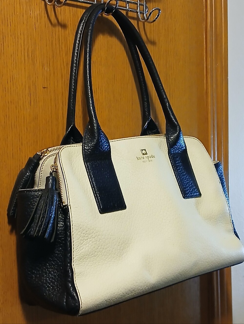 Kate Spade New York Black & Cream Pebbled Leather Satchel Tote